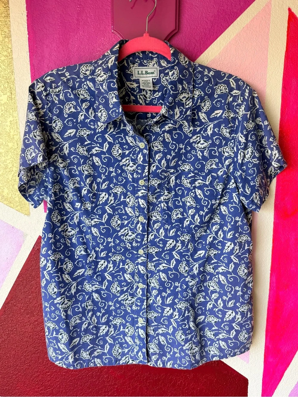 Vintage L.L. Bean Floral Button Down Shirt Sz M Navy Blue Cottage Print